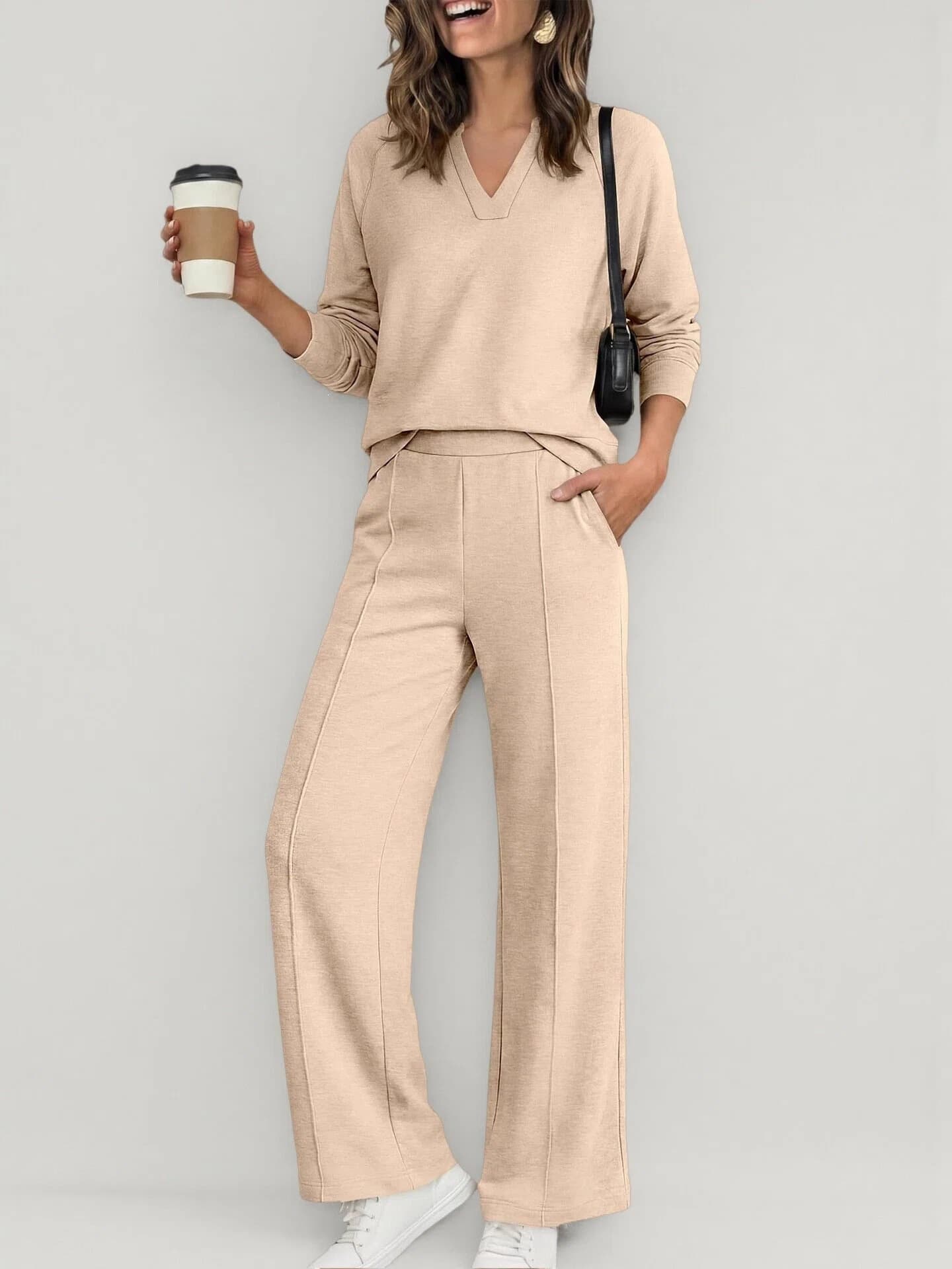 Women's Fashion Sportswear Solid Color V Neck Long Sleeve Sweatshirt And Casual Trousers Set