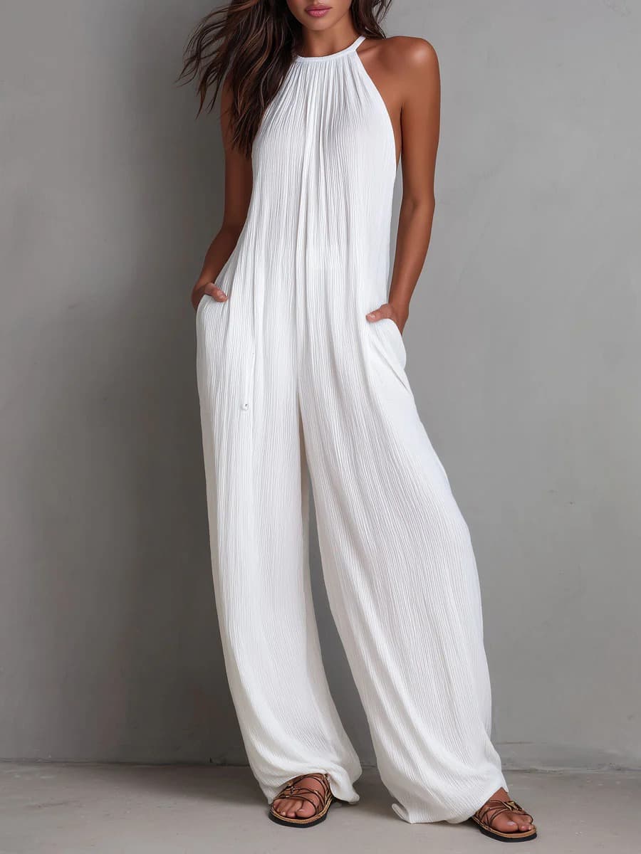 Cross-Border Foreign Trade Women's Clothing European And American Style Halter Neck Sleeveless Vacation Style White Pleated Backless Wide-Leg Jumpsuit — White-XL