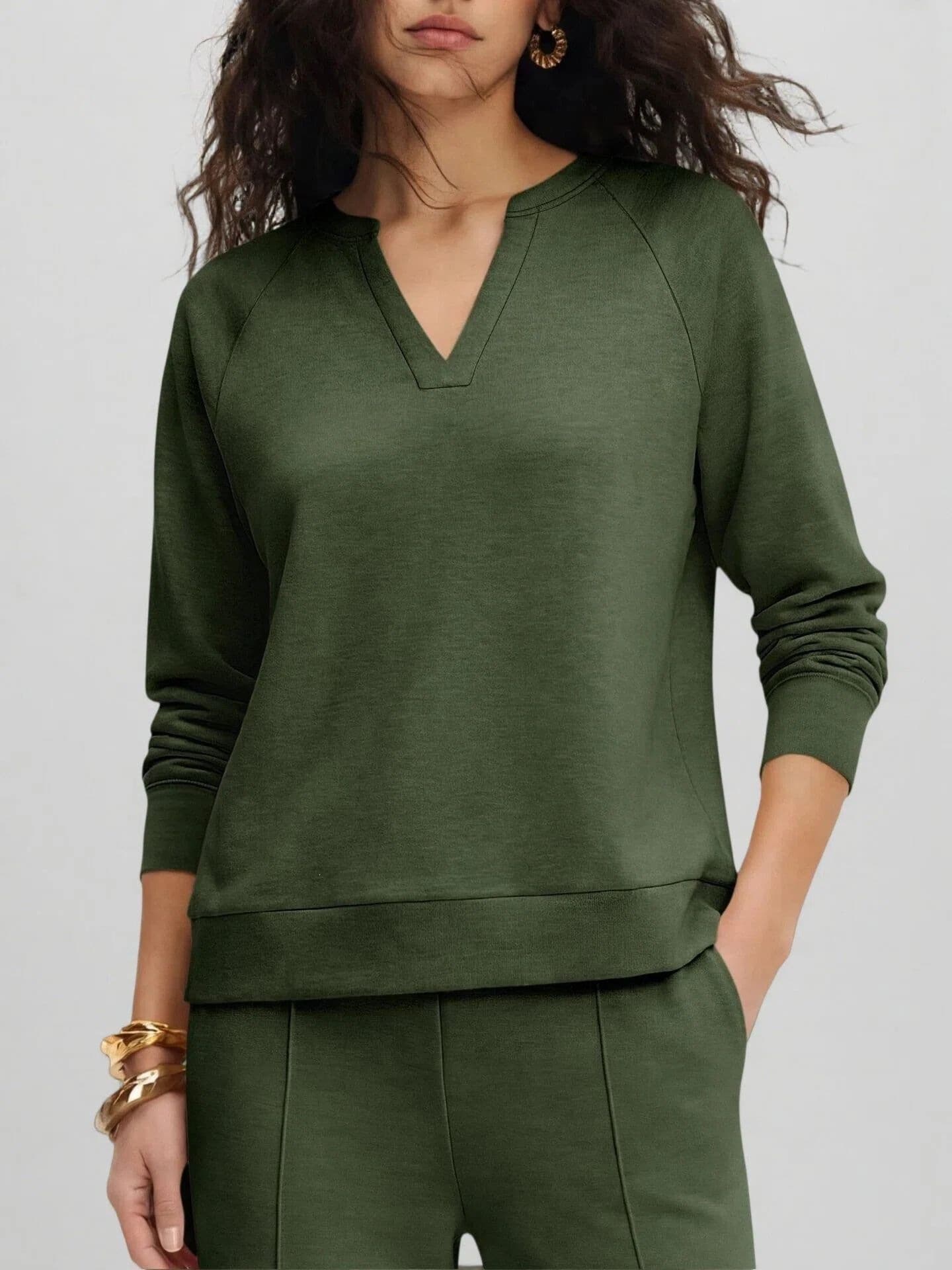 Women's Fashion Sportswear Solid Color V Neck Long Sleeve Sweatshirt And Casual Trousers Set