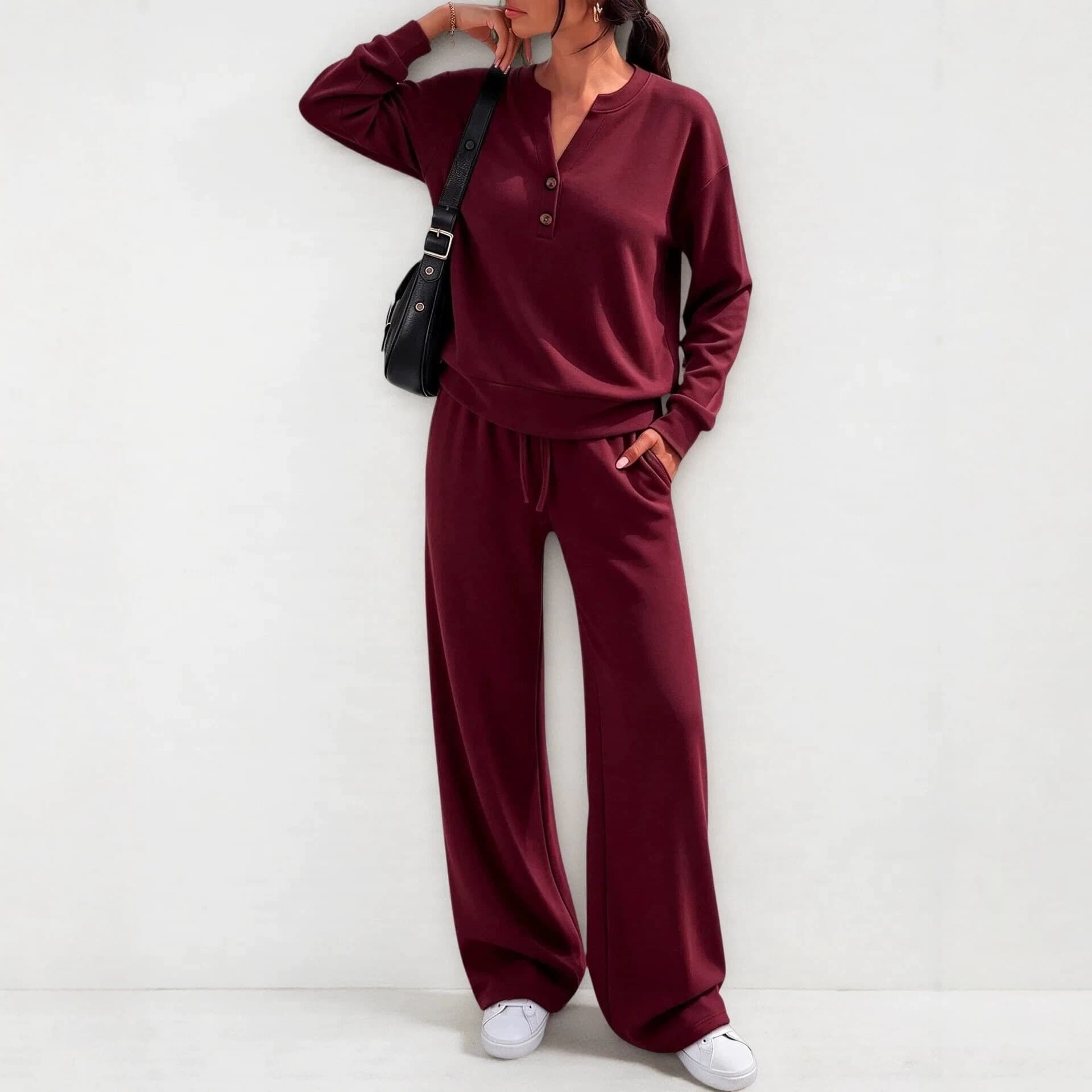 Fashion Loose Long Sleeve Top & Wide Leg Pants Sports Casual Two Piece Set — Wine red-M