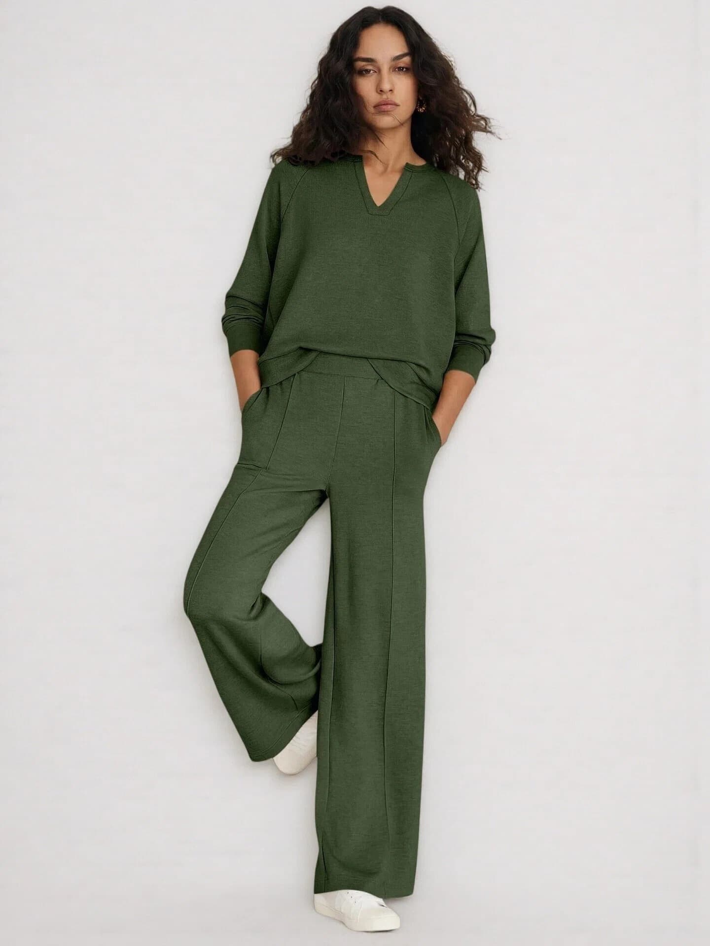 Women's Fashion Sportswear Solid Color V Neck Long Sleeve Sweatshirt And Casual Trousers Set