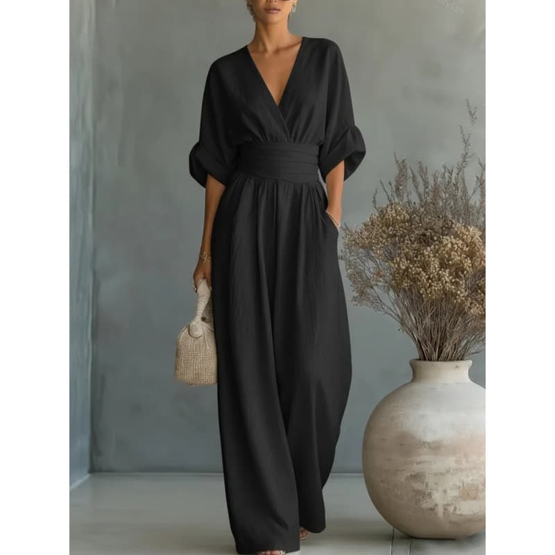 European And American Cross Border Spring Summer New Amazon Elegant Waist-cinching V-neck Stylish Womens Jumpsuit — Black-S