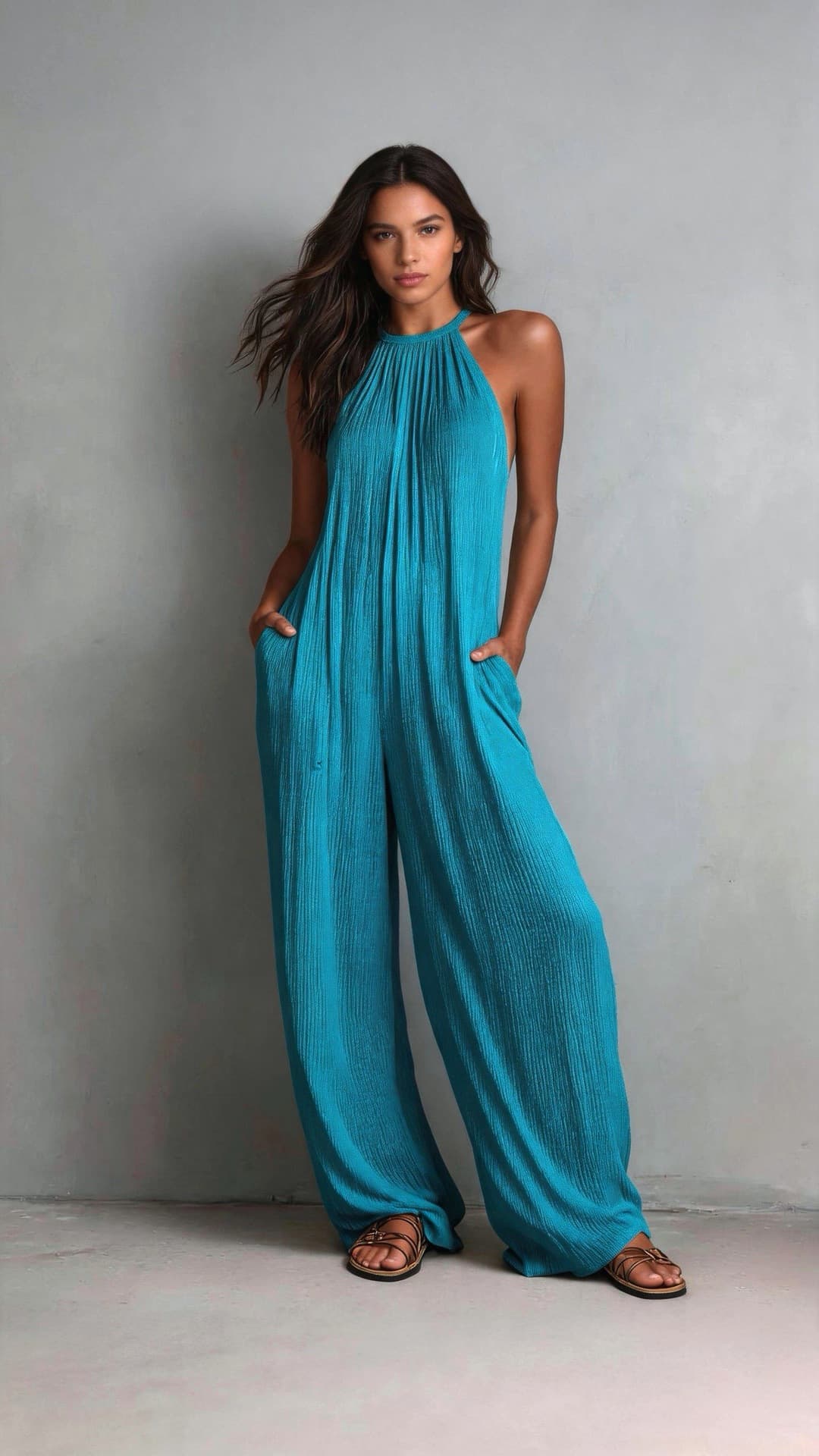 Cross-Border Foreign Trade Women's Clothing European And American Style Halter Neck Sleeveless Vacation Style White Pleated Backless Wide-Leg Jumpsuit — Peacock blue-S