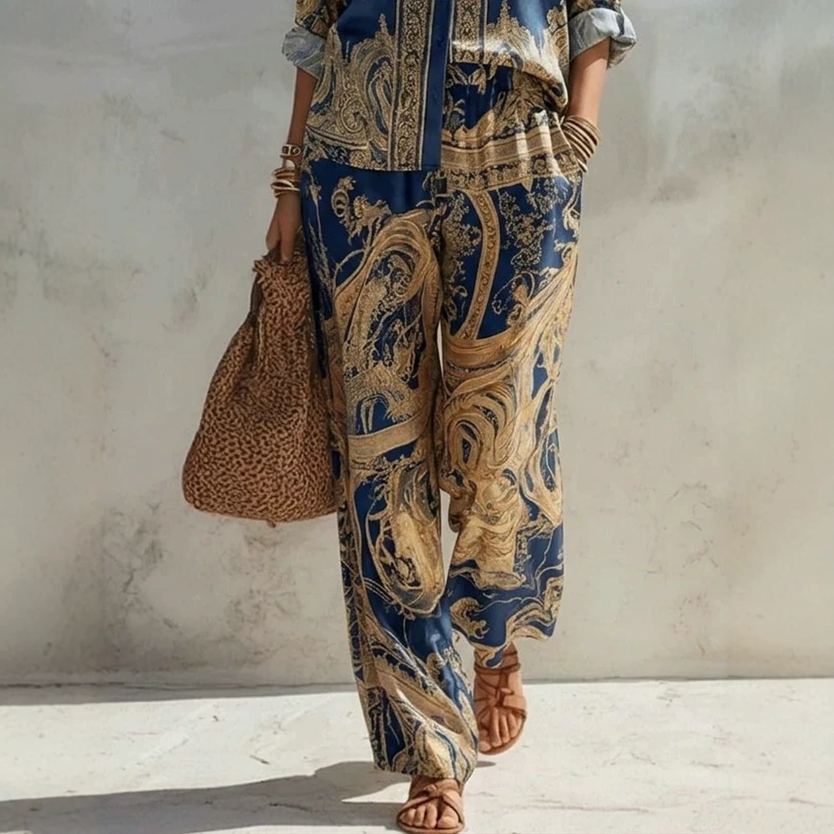 Foreign Trade Independent Station European And American Cross-border New Printed Long-sleeved Shirt Wide-leg Pants Set Women's Fashion Casual Two-piece Set