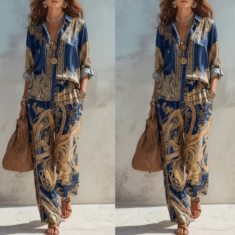Foreign Trade Independent Station European And American Cross-border New Printed Long-sleeved Shirt Wide-leg Pants Set Women's Fashion Casual Two-piece Set