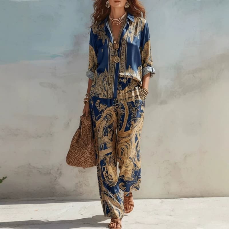 Foreign Trade Independent Station European And American Cross-border New Printed Long-sleeved Shirt Wide-leg Pants Set Women's Fashion Casual Two-piece Set