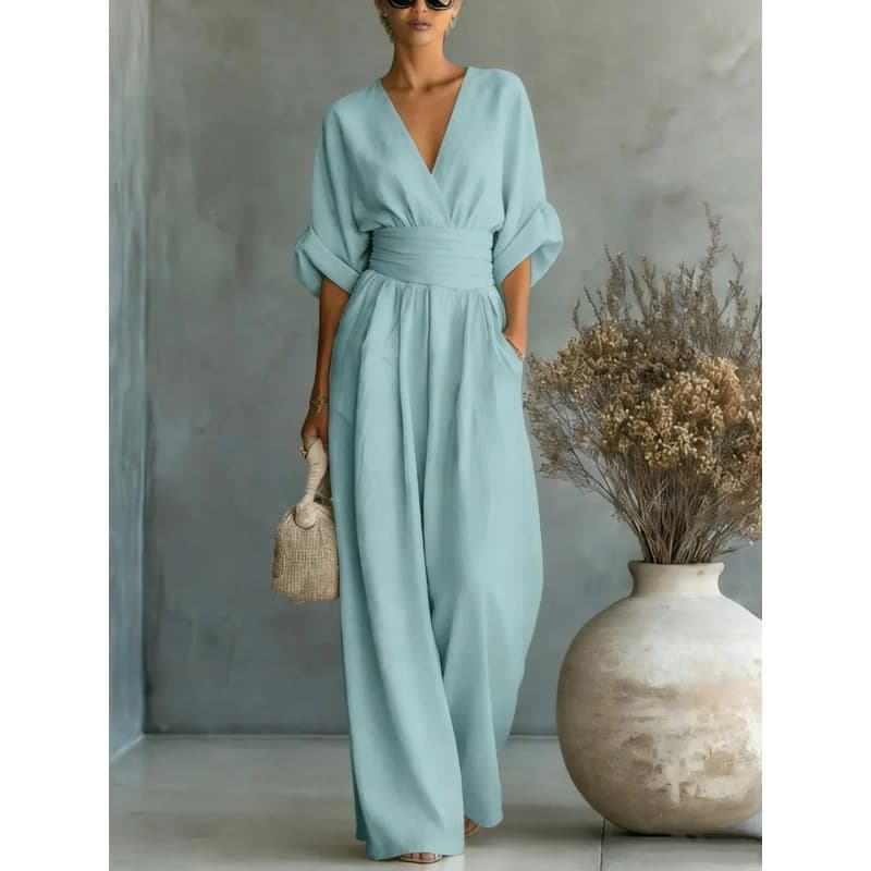 European And American Cross Border Spring Summer New Amazon Elegant Waist-cinching V-neck Stylish Womens Jumpsuit — Peacock Blue-XL