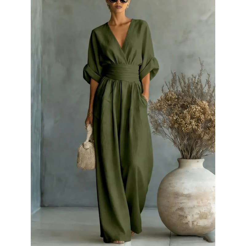 European And American Cross Border Spring Summer New Amazon Elegant Waist-cinching V-neck Stylish Womens Jumpsuit — Military green-XL