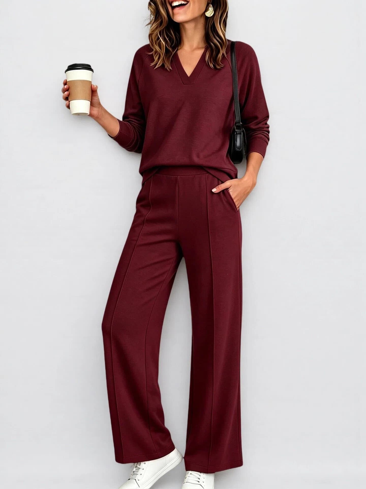 Women's Fashion Sportswear Solid Color V Neck Long Sleeve Sweatshirt And Casual Trousers Set