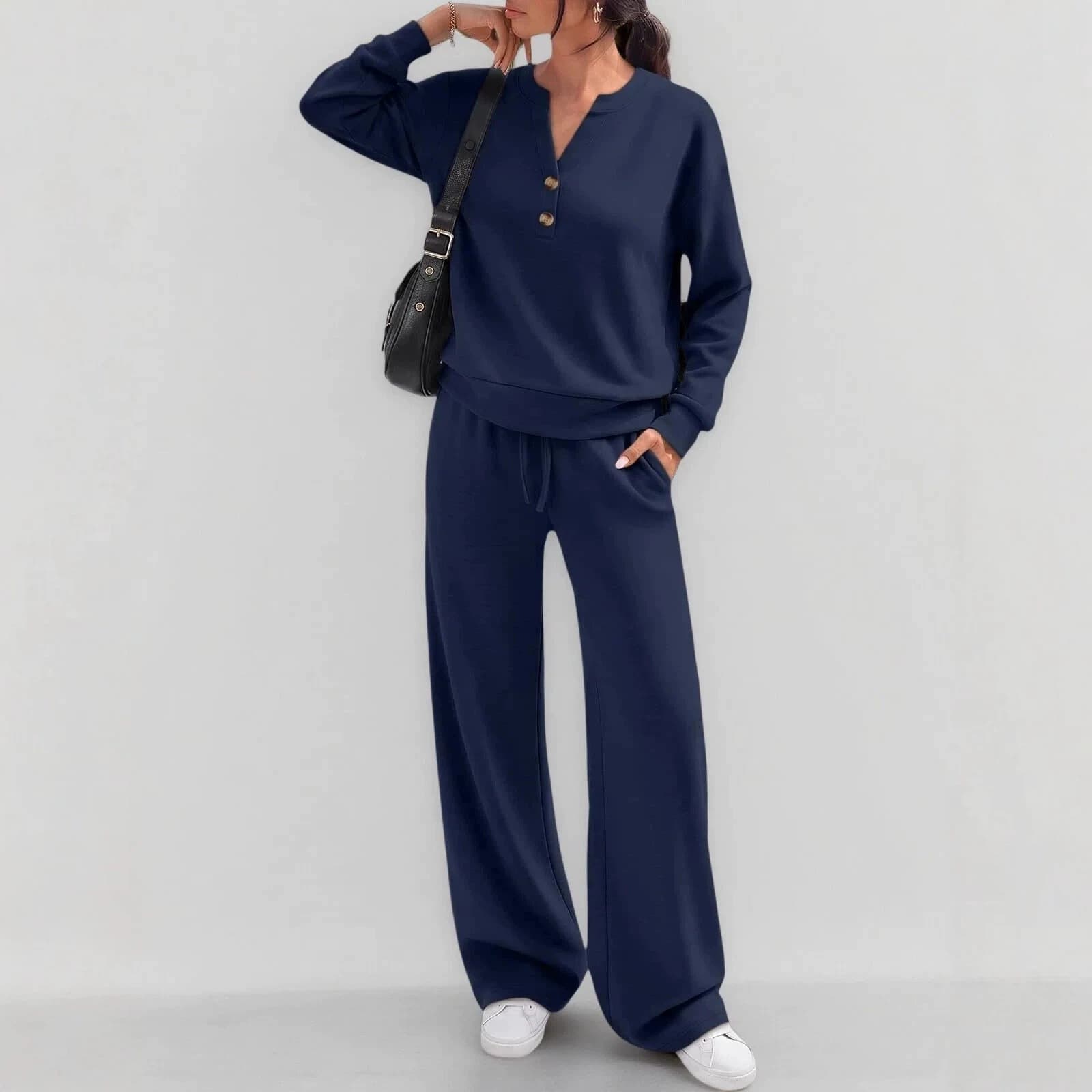 Fashion Loose Long Sleeve Top & Wide Leg Pants Sports Casual Two Piece Set — Navy blue-L