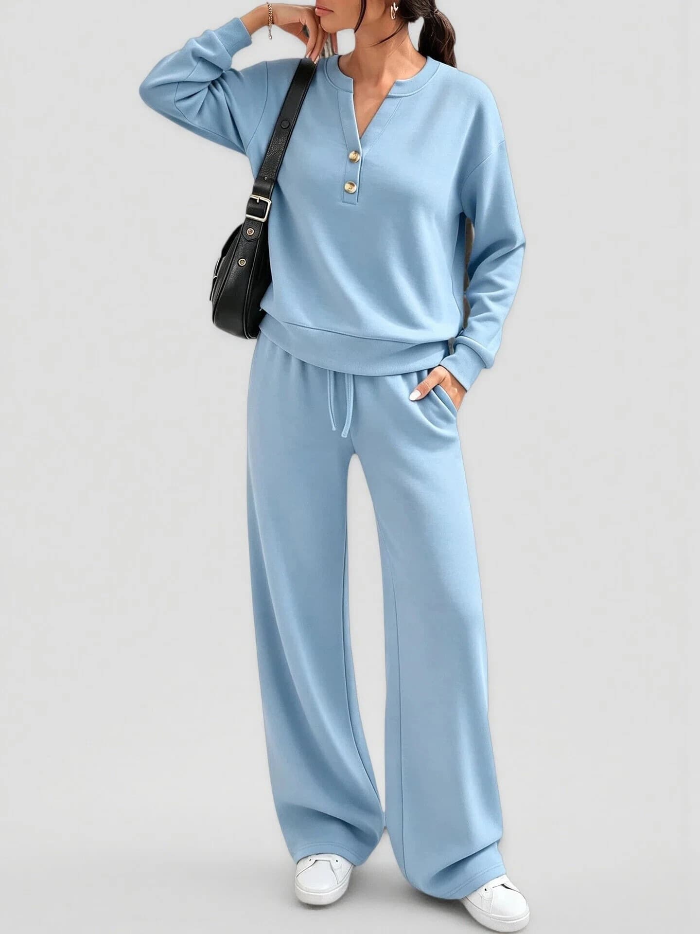 Fashion Loose Long Sleeve Top & Wide Leg Pants Sports Casual Two Piece Set — light blue-L