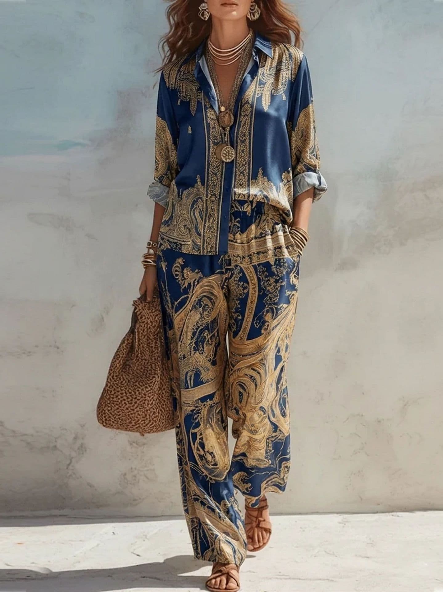 Foreign Trade Independent Station European And American Cross-border New Printed Long-sleeved Shirt Wide-leg Pants Set Women's Fashion Casual Two-piece Set