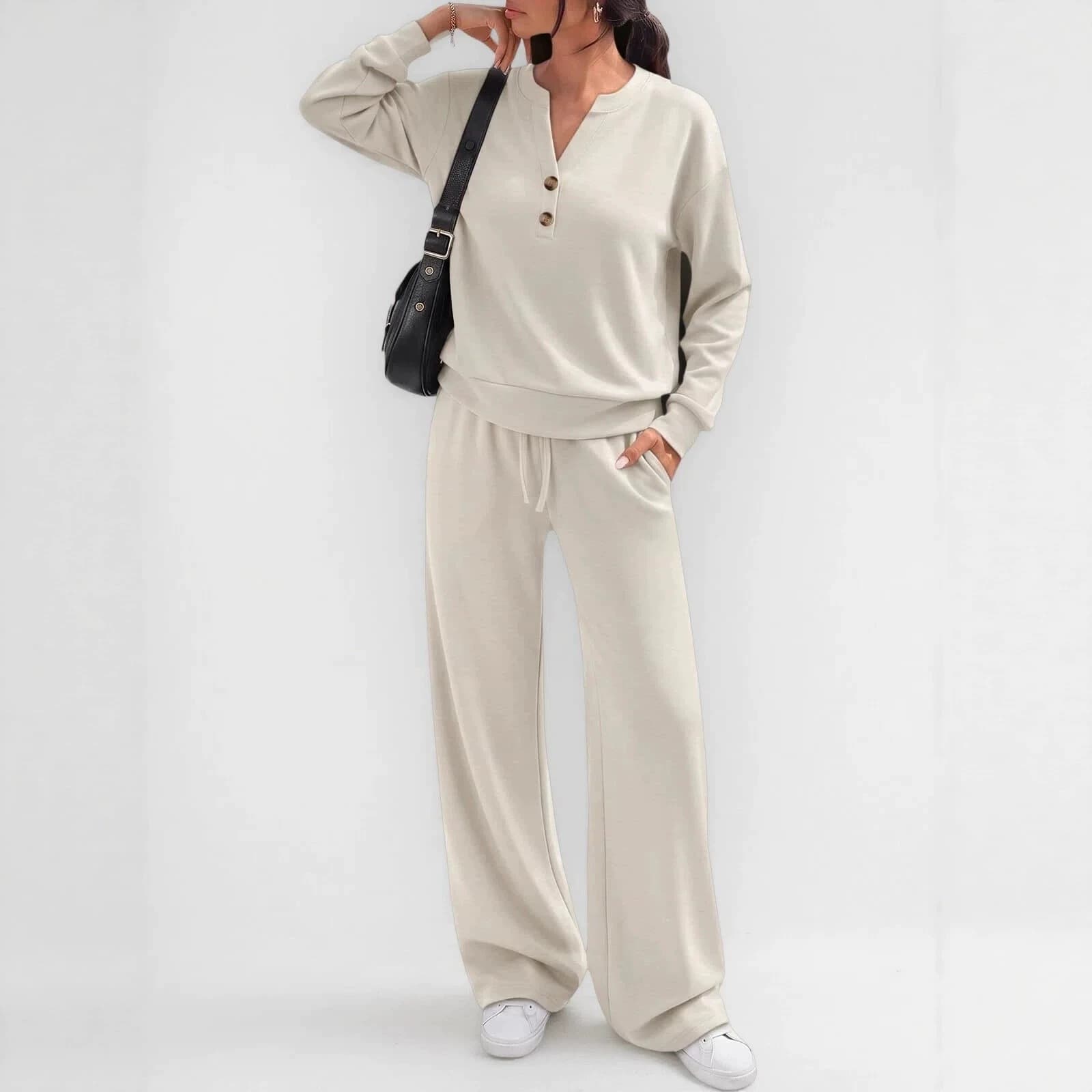 Fashion Loose Long Sleeve Top & Wide Leg Pants Sports Casual Two Piece Set — Apricot color-L