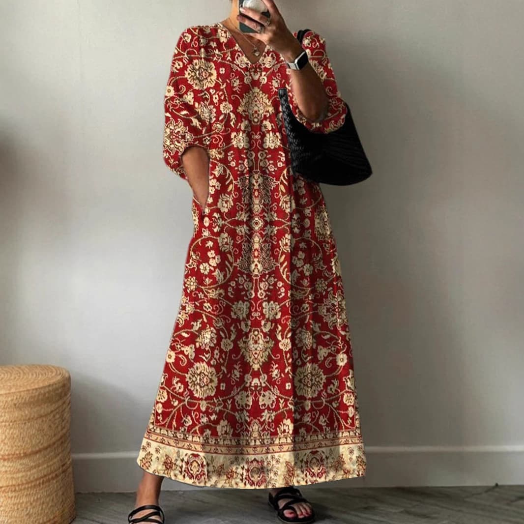 2025 Summer European And American Cross-Border Amazon Fashion Casual V-Neck Mid-Sleeve Floral Long Dress Qing — Brick red-M