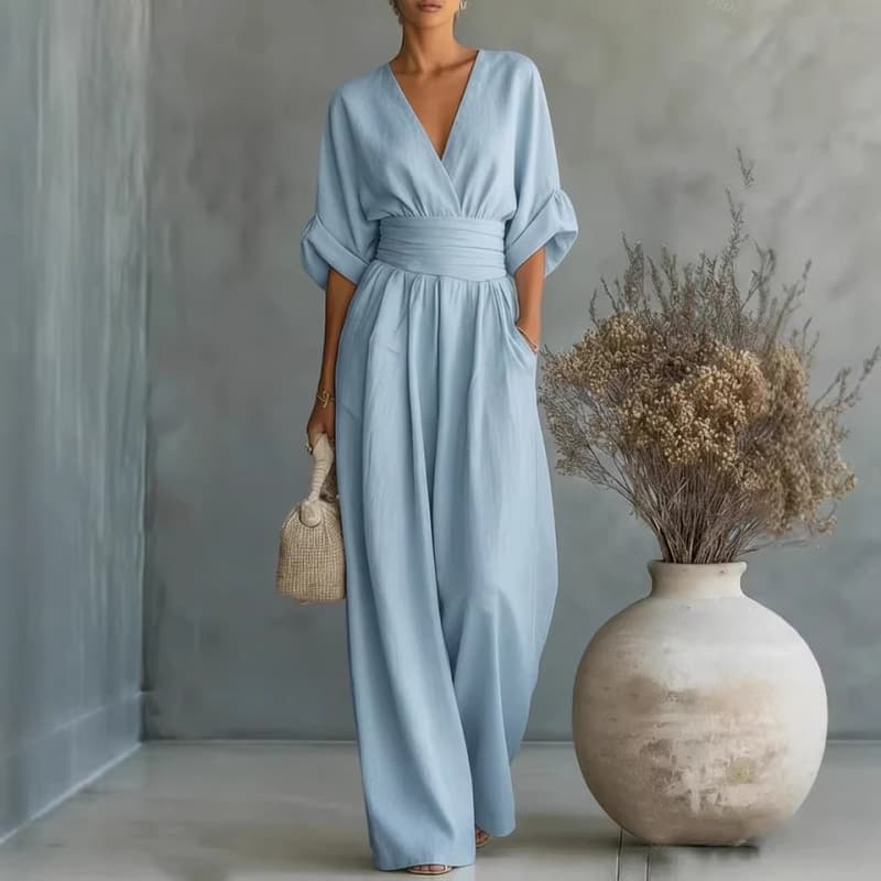 European And American Cross Border Spring Summer New Amazon Elegant Waist-cinching V-neck Stylish Womens Jumpsuit — light blue-S