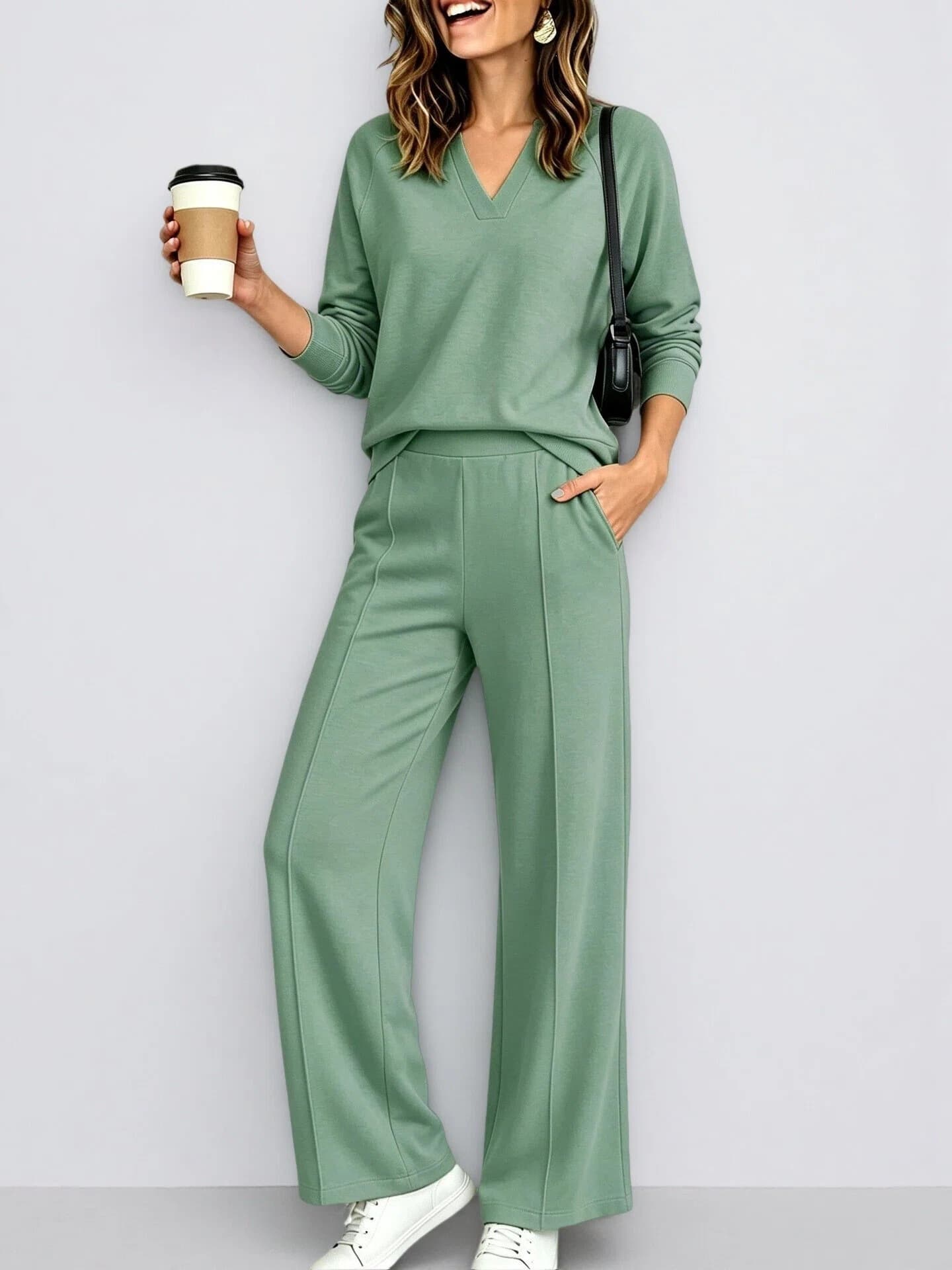 Women's Fashion Sportswear Solid Color V Neck Long Sleeve Sweatshirt And Casual Trousers Set