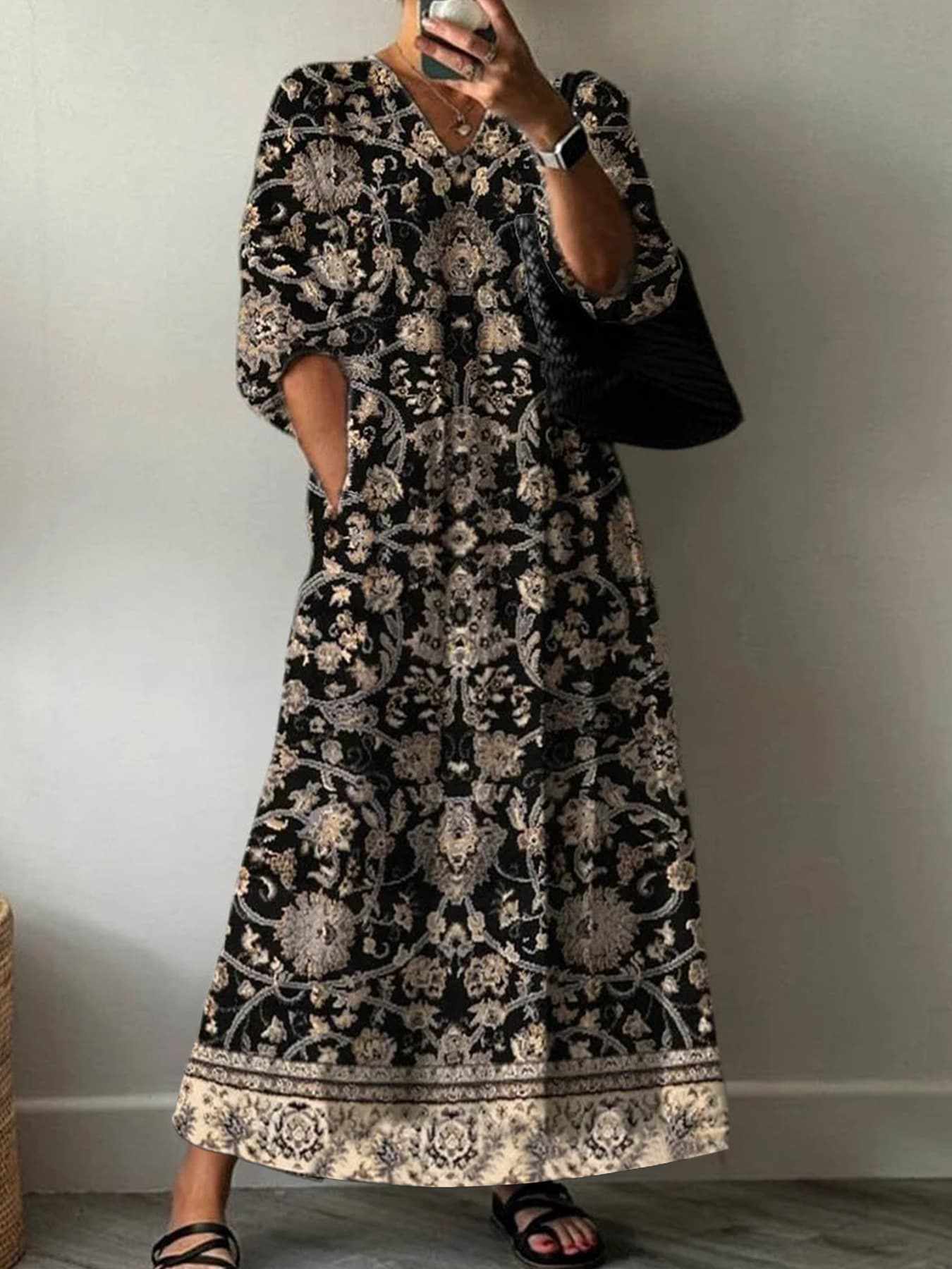 2025 Summer European And American Cross-Border Amazon Fashion Casual V-Neck Mid-Sleeve Floral Long Dress Qing