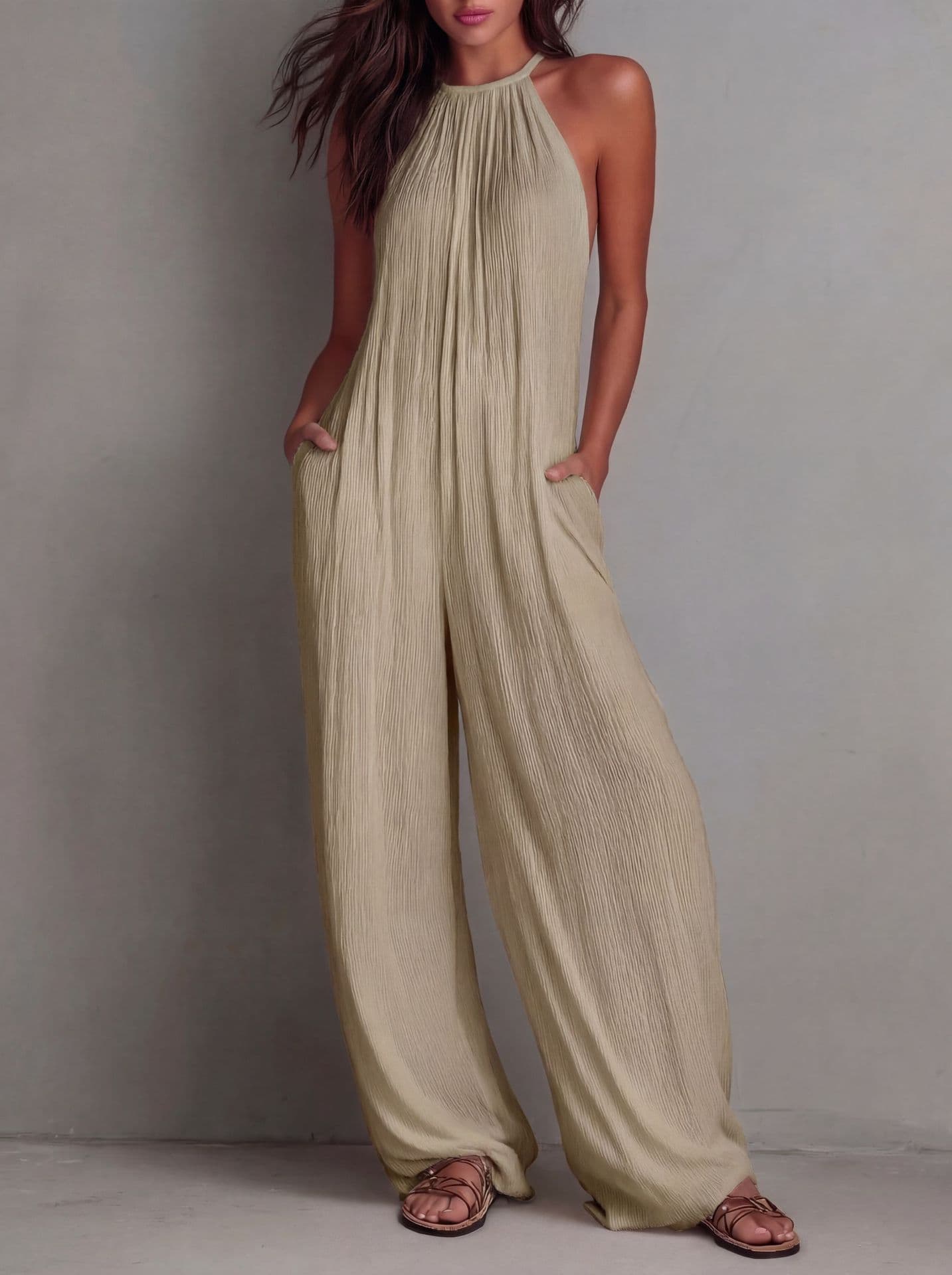 Cross-Border Foreign Trade Women's Clothing European And American Style Halter Neck Sleeveless Vacation Style White Pleated Backless Wide-Leg Jumpsuit — Khaki-S