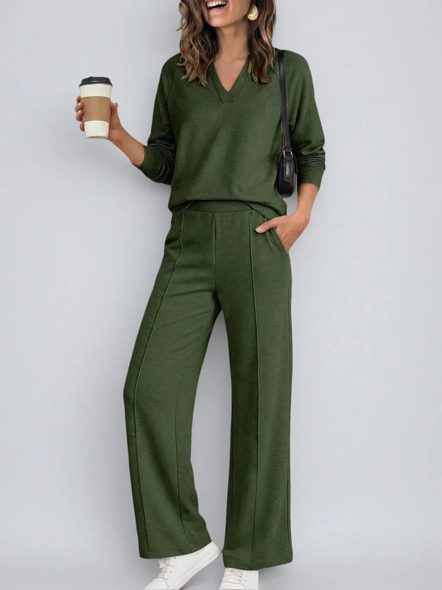 Women's Fashion Sportswear Solid Color V Neck Long Sleeve Sweatshirt And Casual Trousers Set
