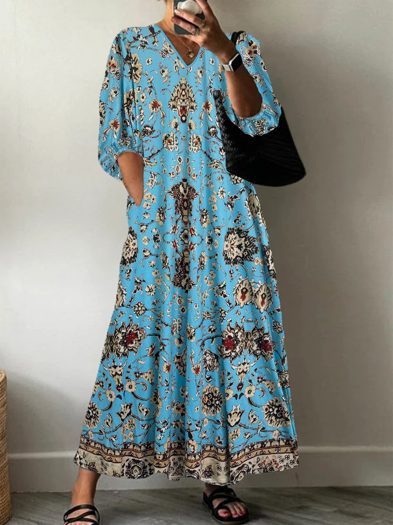2025 Summer European And American Cross-Border Amazon Fashion Casual V-Neck Mid-Sleeve Floral Long Dress Qing — Sky blue-M