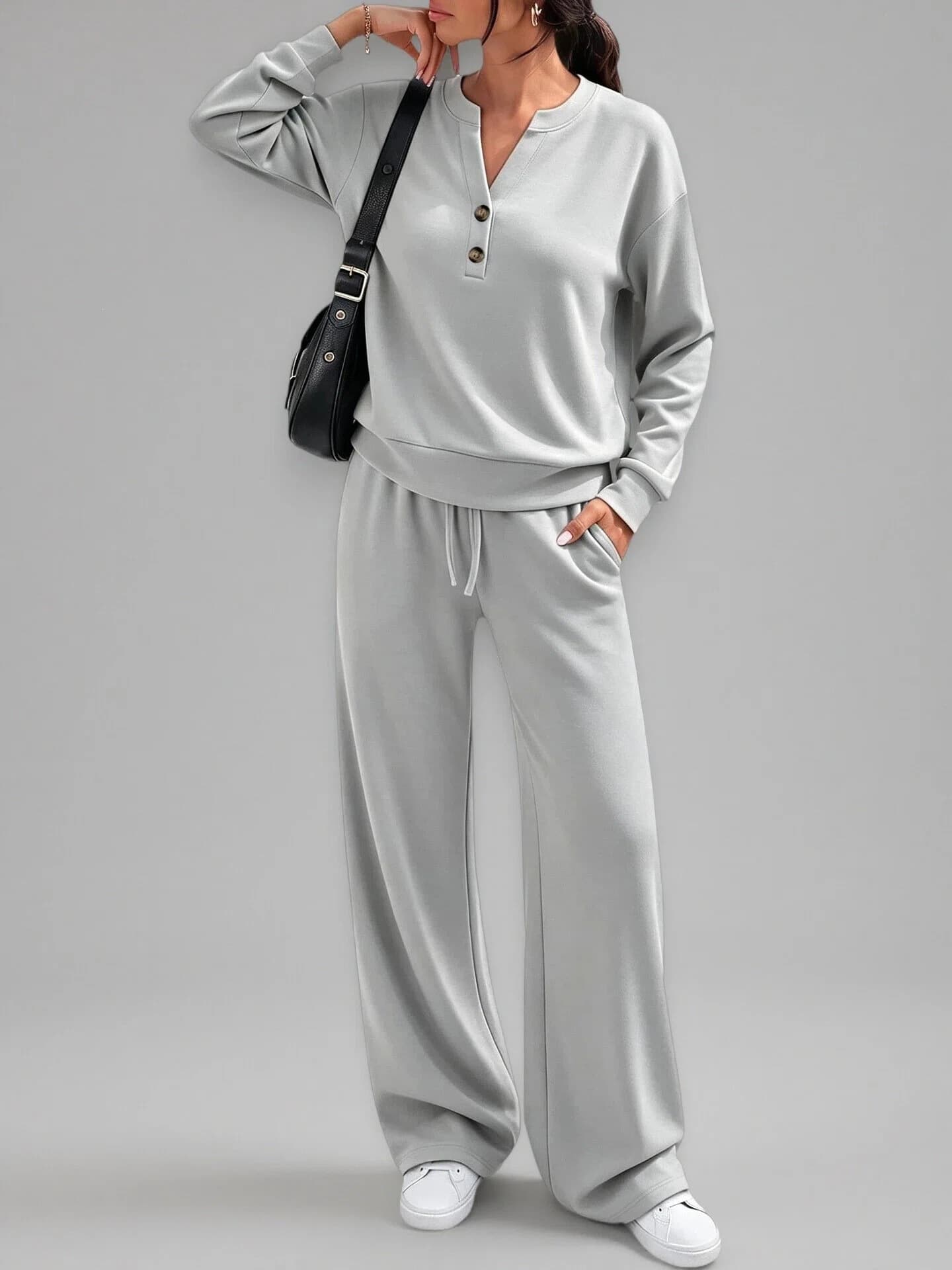 Fashion Loose Long Sleeve Top & Wide Leg Pants Sports Casual Two Piece Set — Light gray-S