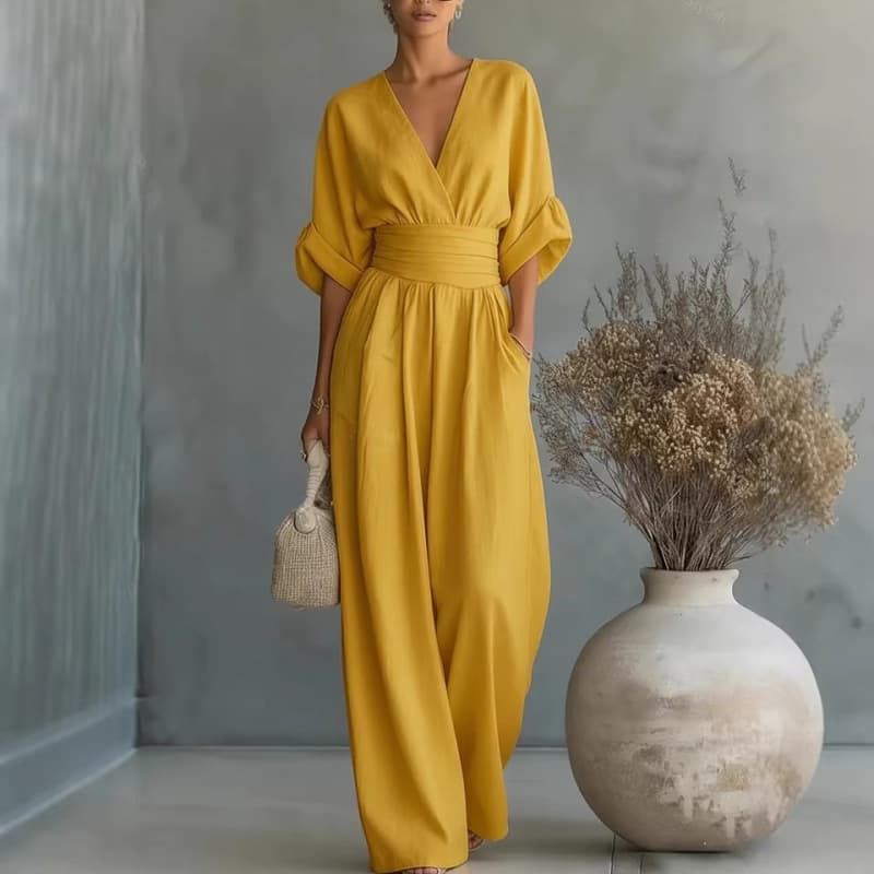 European And American Cross Border Spring Summer New Amazon Elegant Waist-cinching V-neck Stylish Womens Jumpsuit — Yellow-5XL