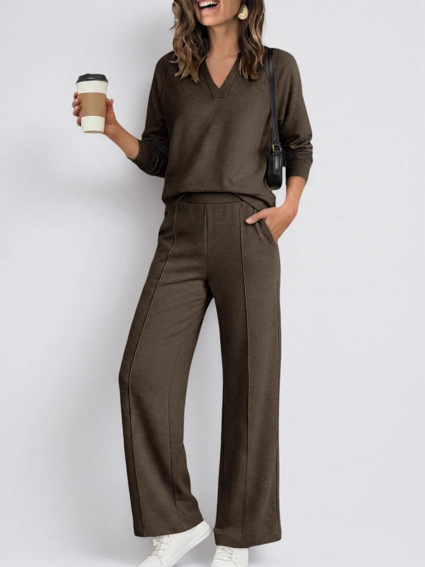 Women's Fashion Sportswear Solid Color V Neck Long Sleeve Sweatshirt And Casual Trousers Set