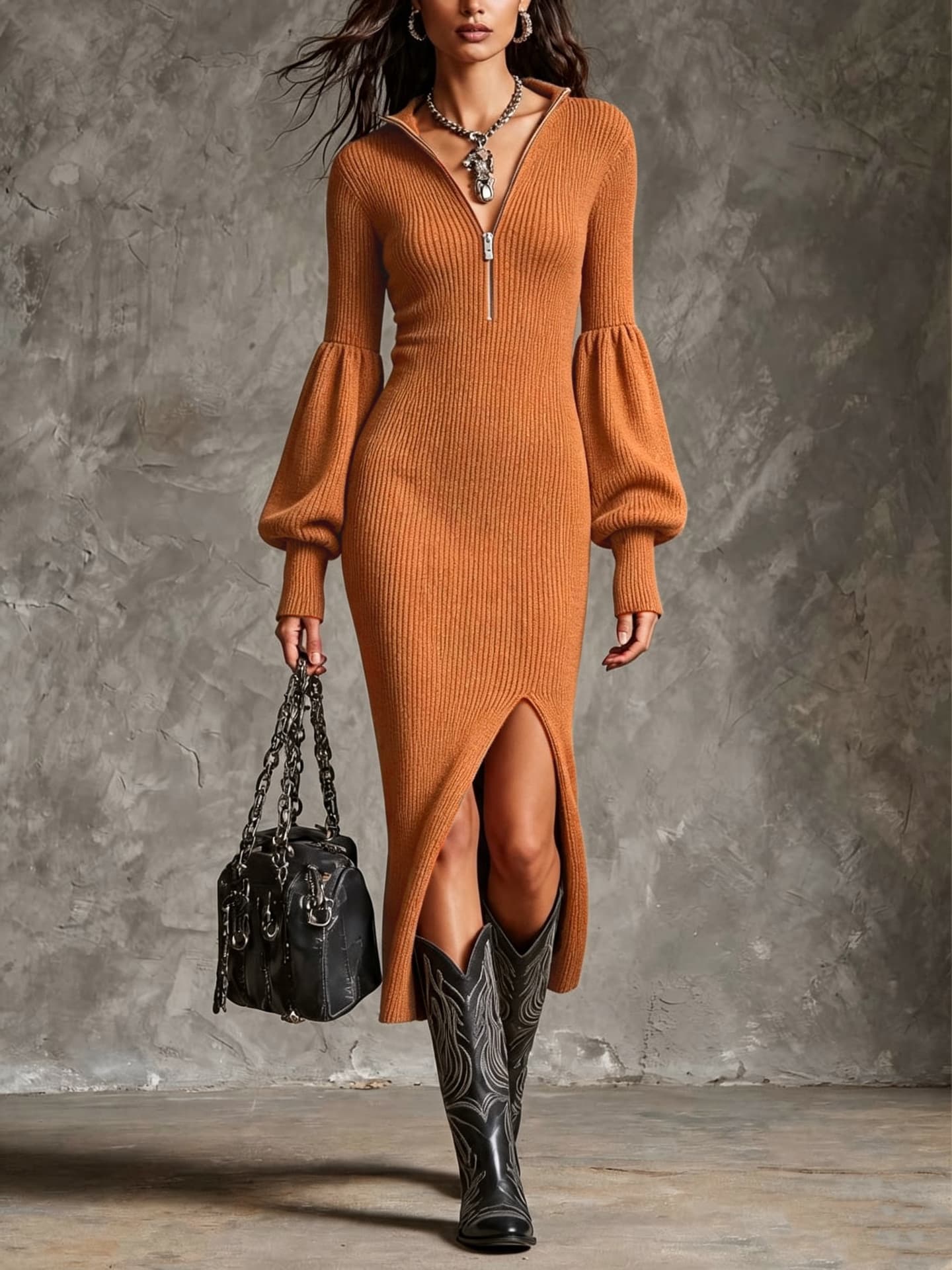 European And American New Autumn Winter Women's Fashion Cross-Border Independent Station Zipper Knit Stand Collar Lantern Long Sleeve Slit Dress — Chocolate color-S