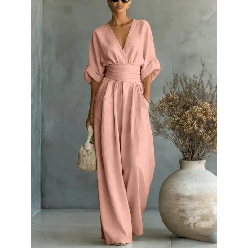 European And American Cross Border Spring Summer New Amazon Elegant Waist-cinching V-neck Stylish Womens Jumpsuit — Pink-S