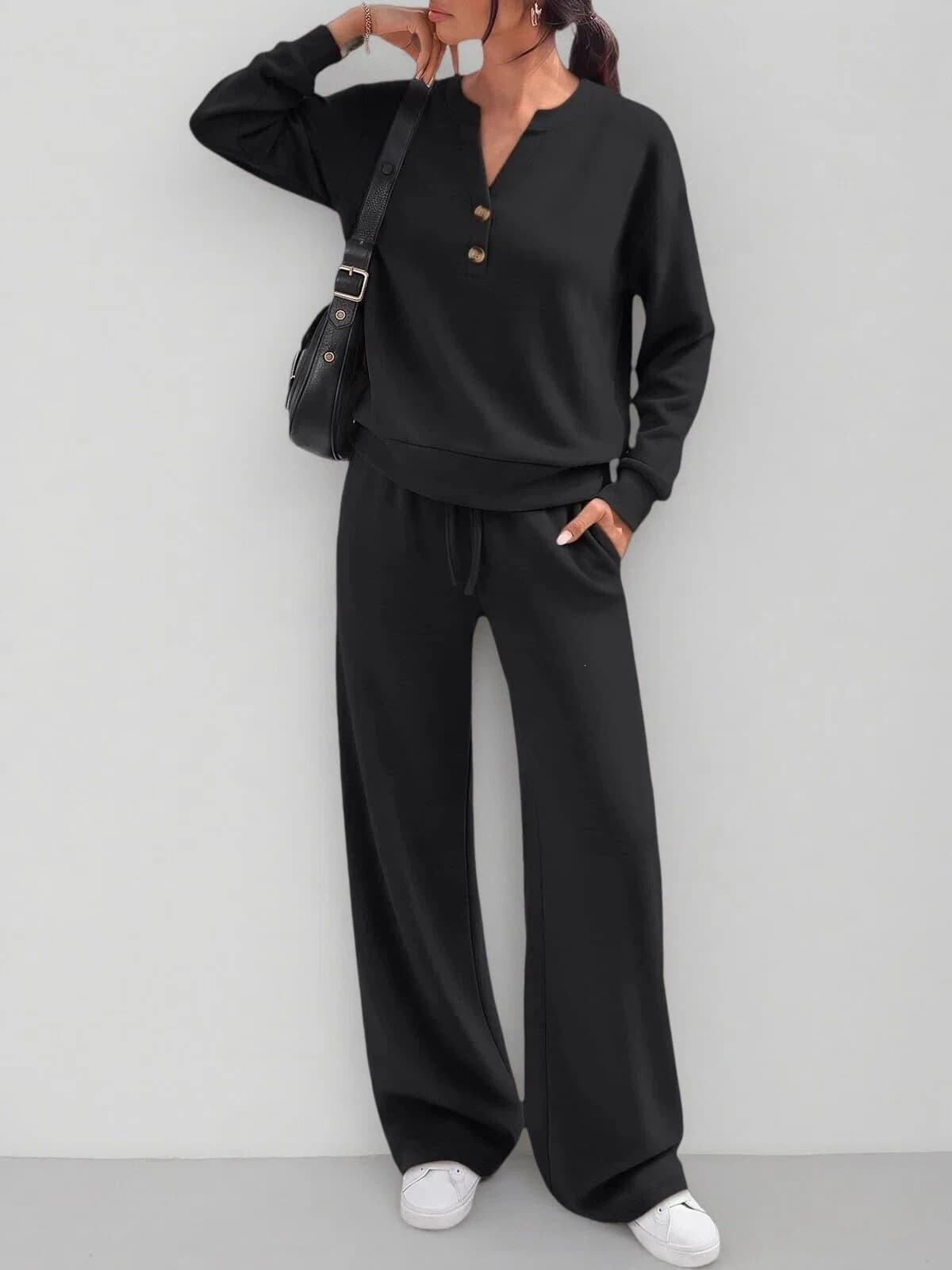 Fashion Loose Long Sleeve Top & Wide Leg Pants Sports Casual Two Piece Set — Black-L
