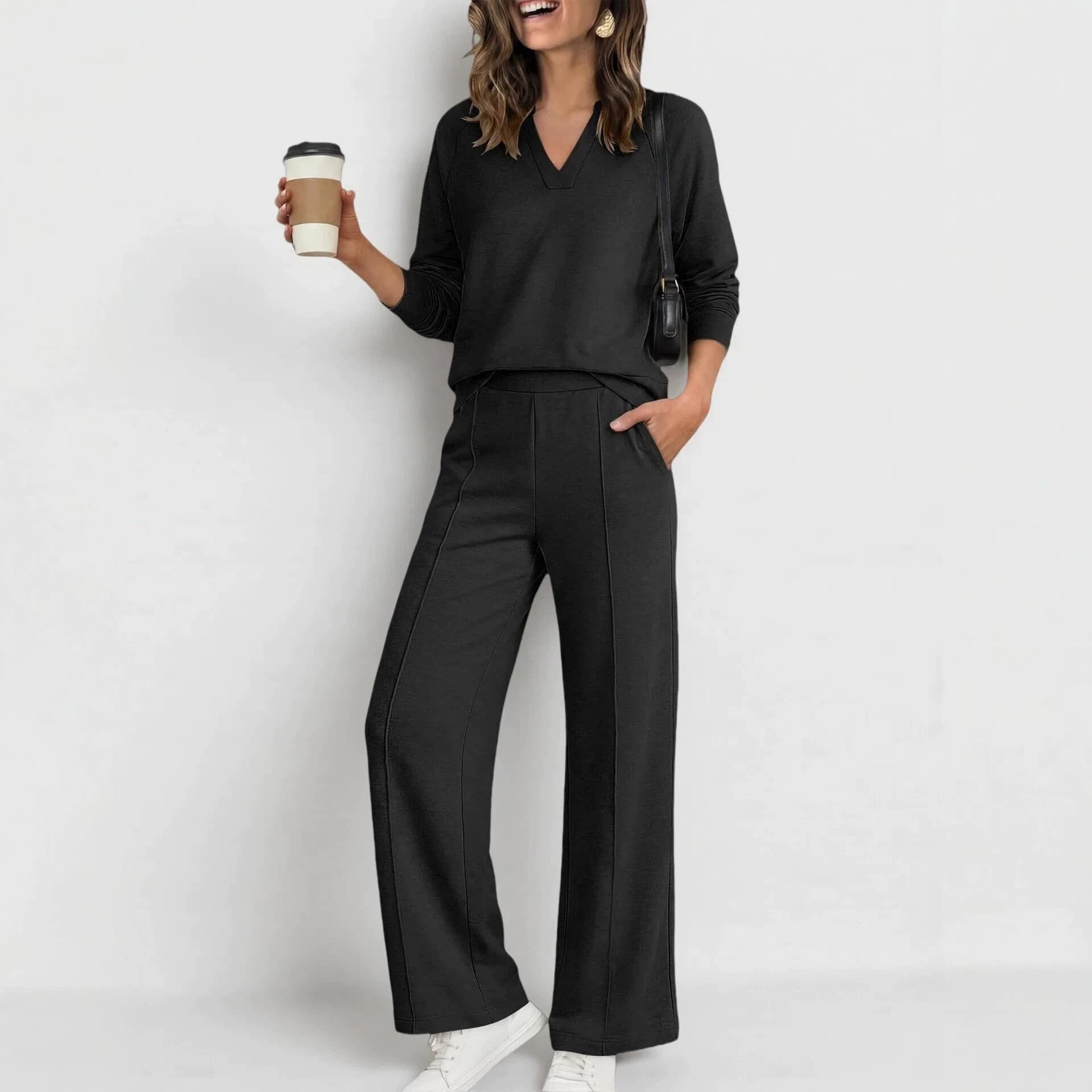 Women's Fashion Sportswear Solid Color V Neck Long Sleeve Sweatshirt And Casual Trousers Set — Black-XXL