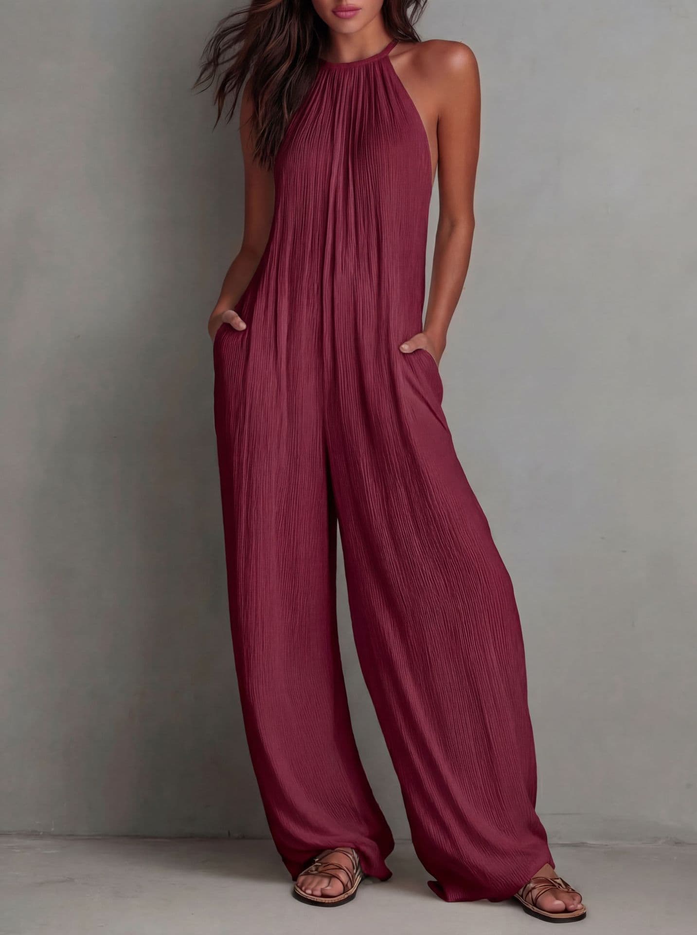 Cross-Border Foreign Trade Women's Clothing European And American Style Halter Neck Sleeveless Vacation Style White Pleated Backless Wide-Leg Jumpsuit — Deep red-S