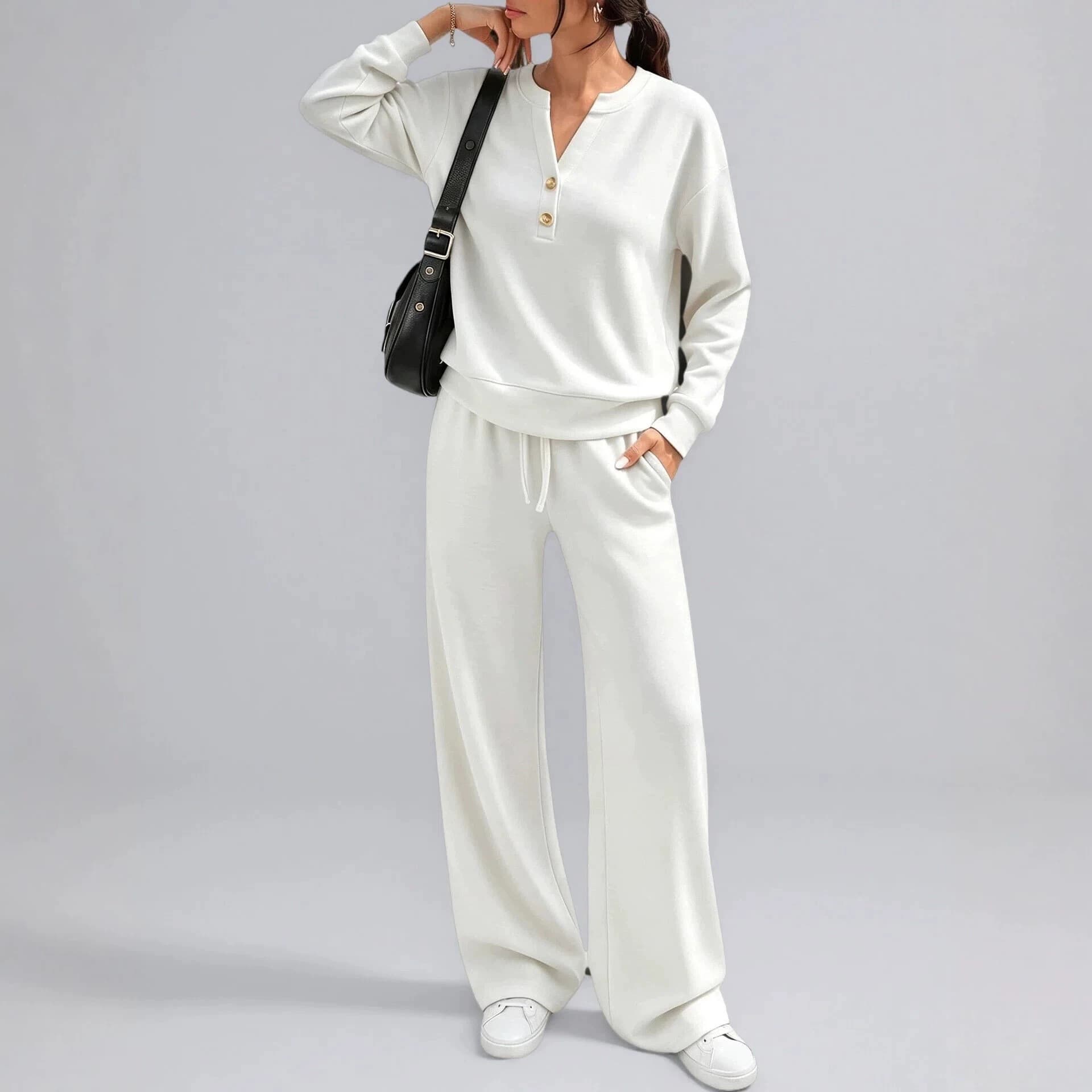 Fashion Loose Long Sleeve Top & Wide Leg Pants Sports Casual Two Piece Set — White-S