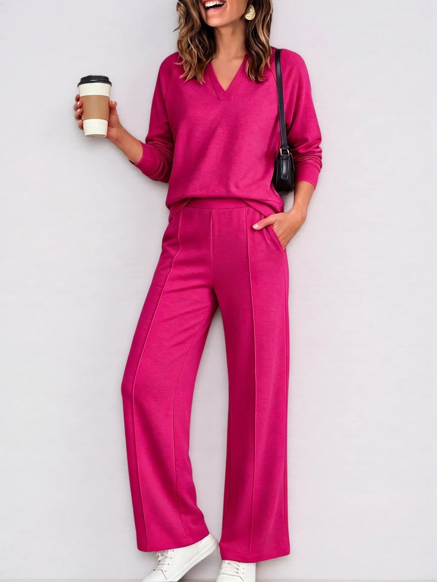 Women's Fashion Sportswear Solid Color V Neck Long Sleeve Sweatshirt And Casual Trousers Set