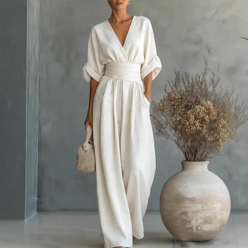 European And American Cross Border Spring Summer New Amazon Elegant Waist-cinching V-neck Stylish Womens Jumpsuit — White-S