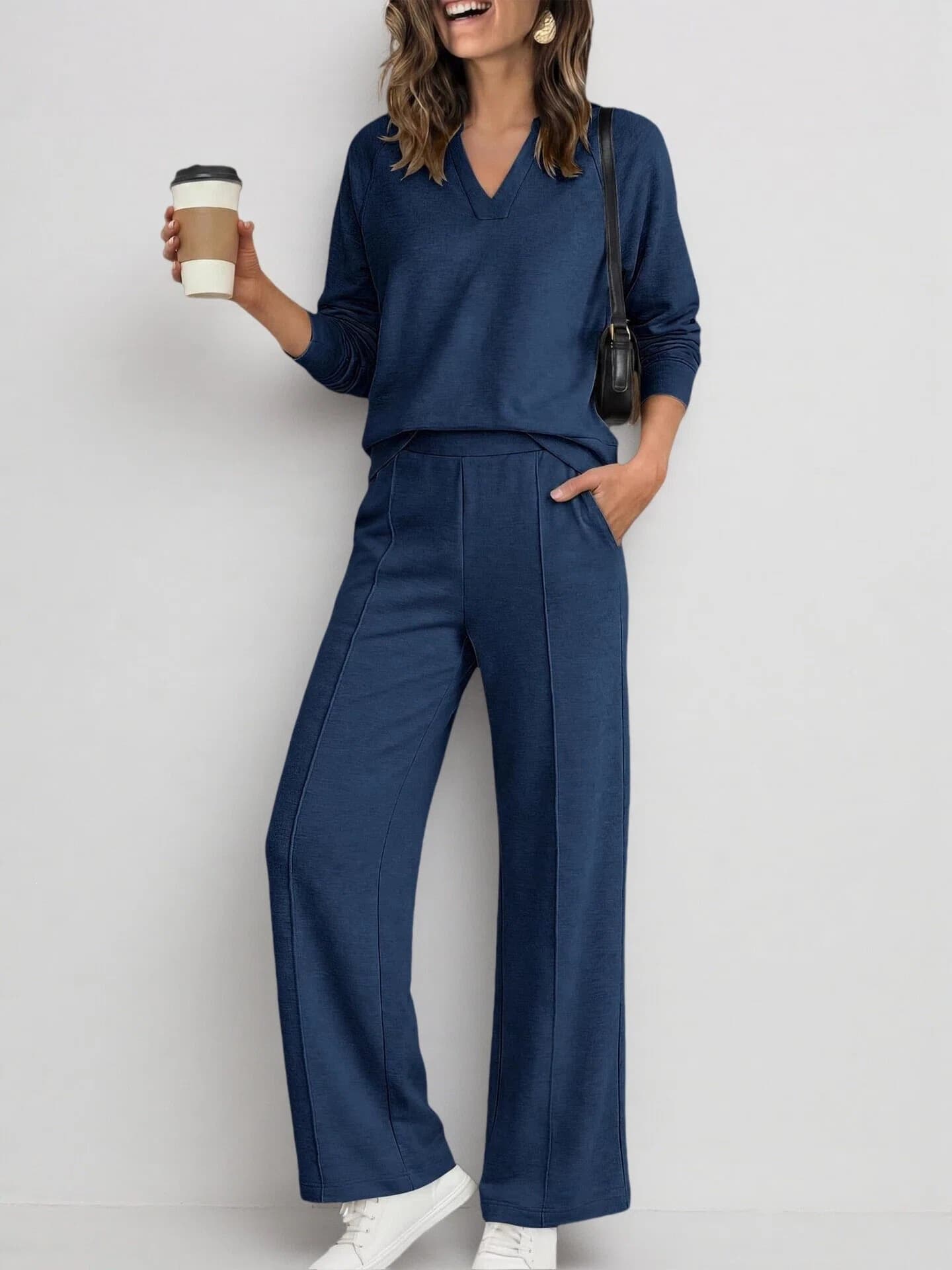 Women's Fashion Sportswear Solid Color V Neck Long Sleeve Sweatshirt And Casual Trousers Set