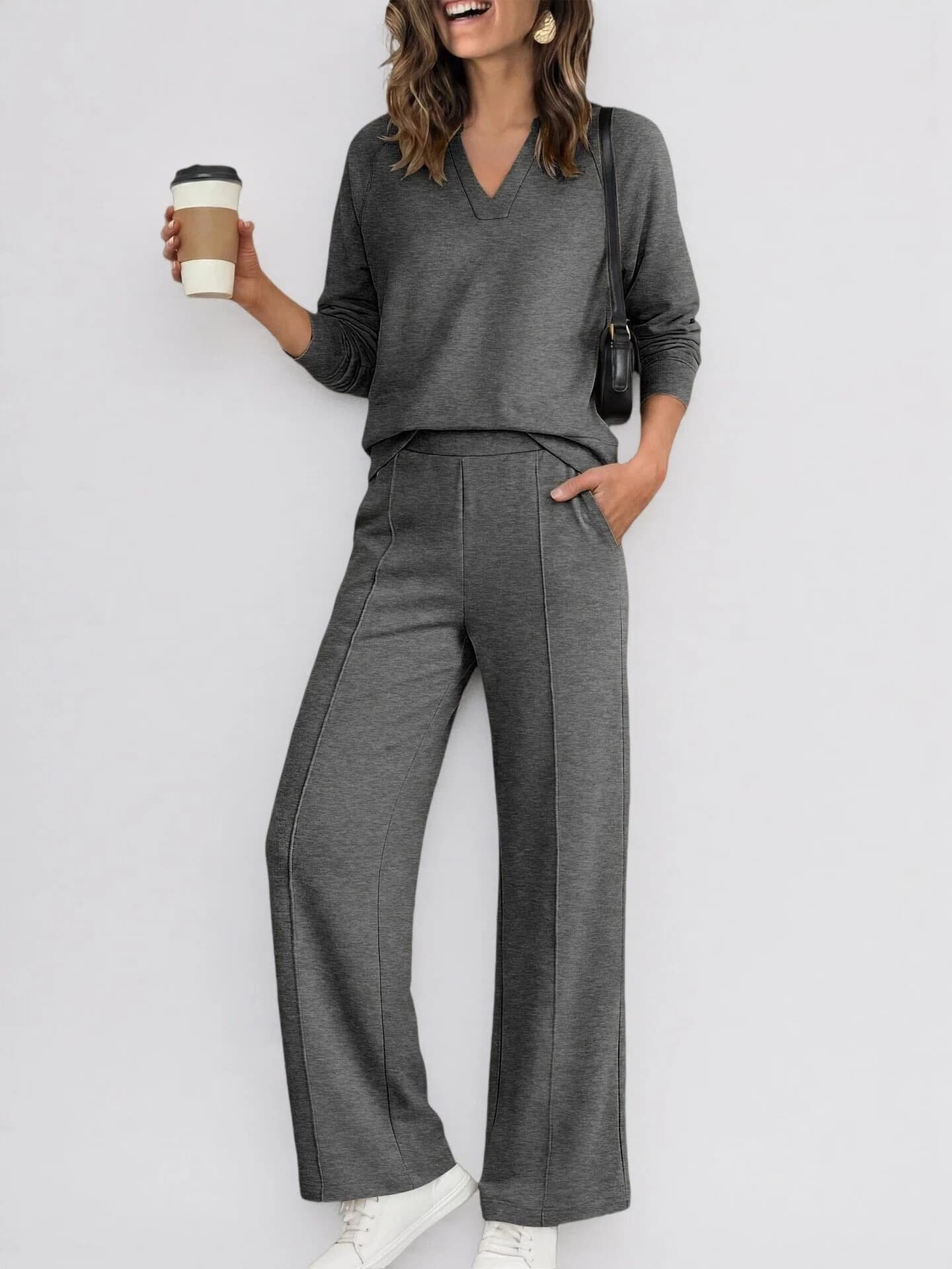 Women's Fashion Sportswear Solid Color V Neck Long Sleeve Sweatshirt And Casual Trousers Set