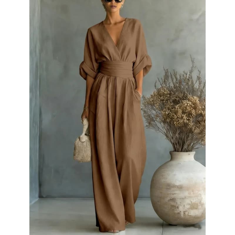 European And American Cross Border Spring Summer New Amazon Elegant Waist-cinching V-neck Stylish Womens Jumpsuit — Dark brown-2XL