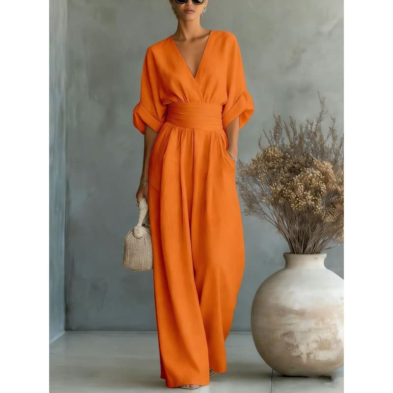 European And American Cross Border Spring Summer New Amazon Elegant Waist-cinching V-neck Stylish Womens Jumpsuit — Orange-XL