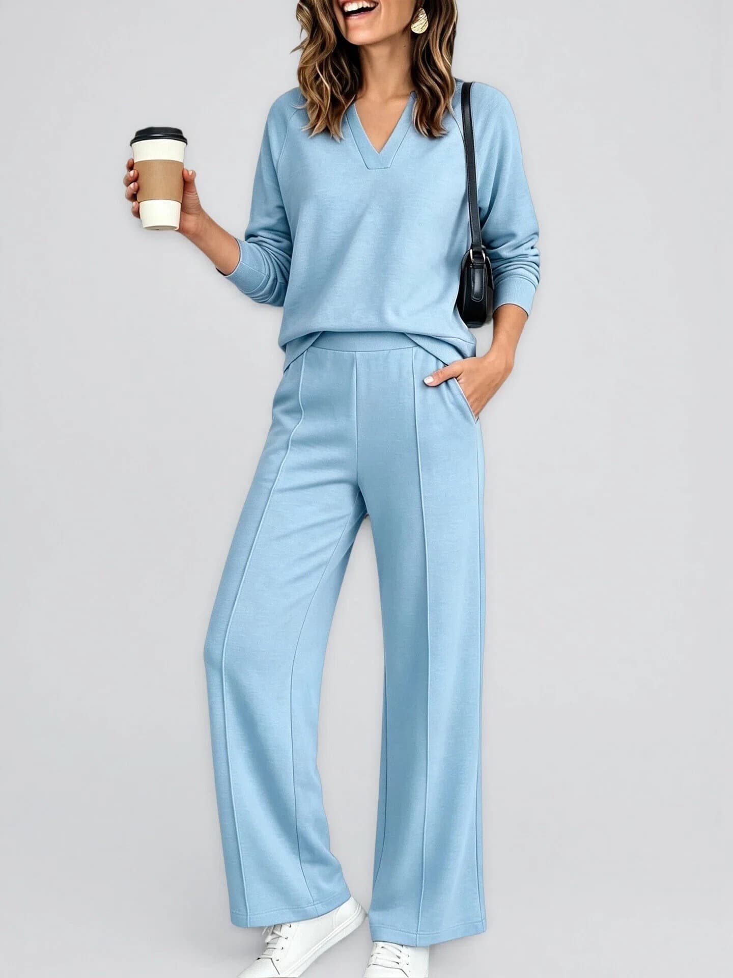 Women's Fashion Sportswear Solid Color V Neck Long Sleeve Sweatshirt And Casual Trousers Set — Sky blue-S
