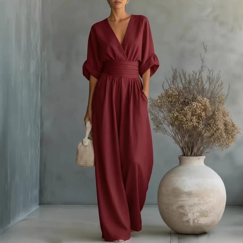 European And American Cross Border Spring Summer New Amazon Elegant Waist-cinching V-neck Stylish Womens Jumpsuit — Wine red-2XL