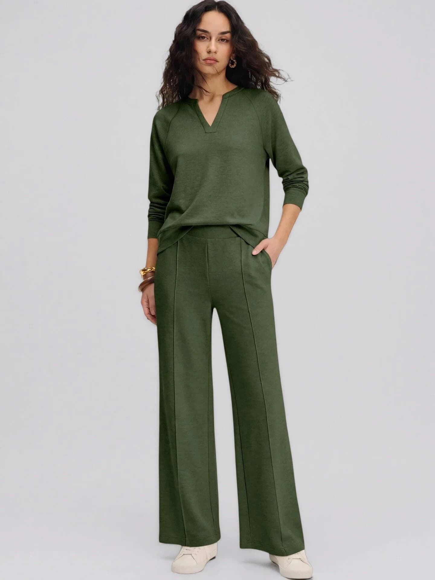 Women's Fashion Sportswear Solid Color V Neck Long Sleeve Sweatshirt And Casual Trousers Set