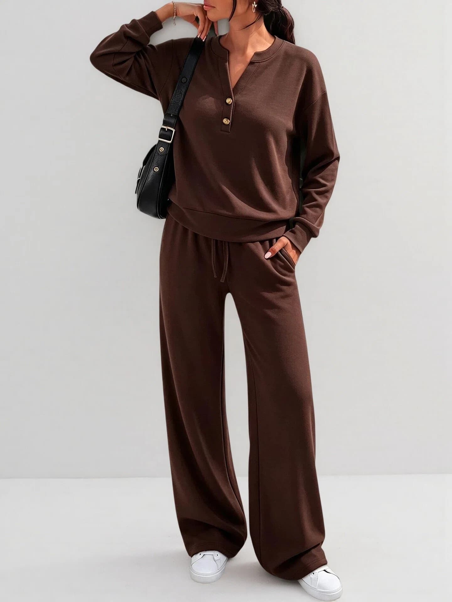 Fashion Loose Long Sleeve Top & Wide Leg Pants Sports Casual Two Piece Set — Dark brown-L