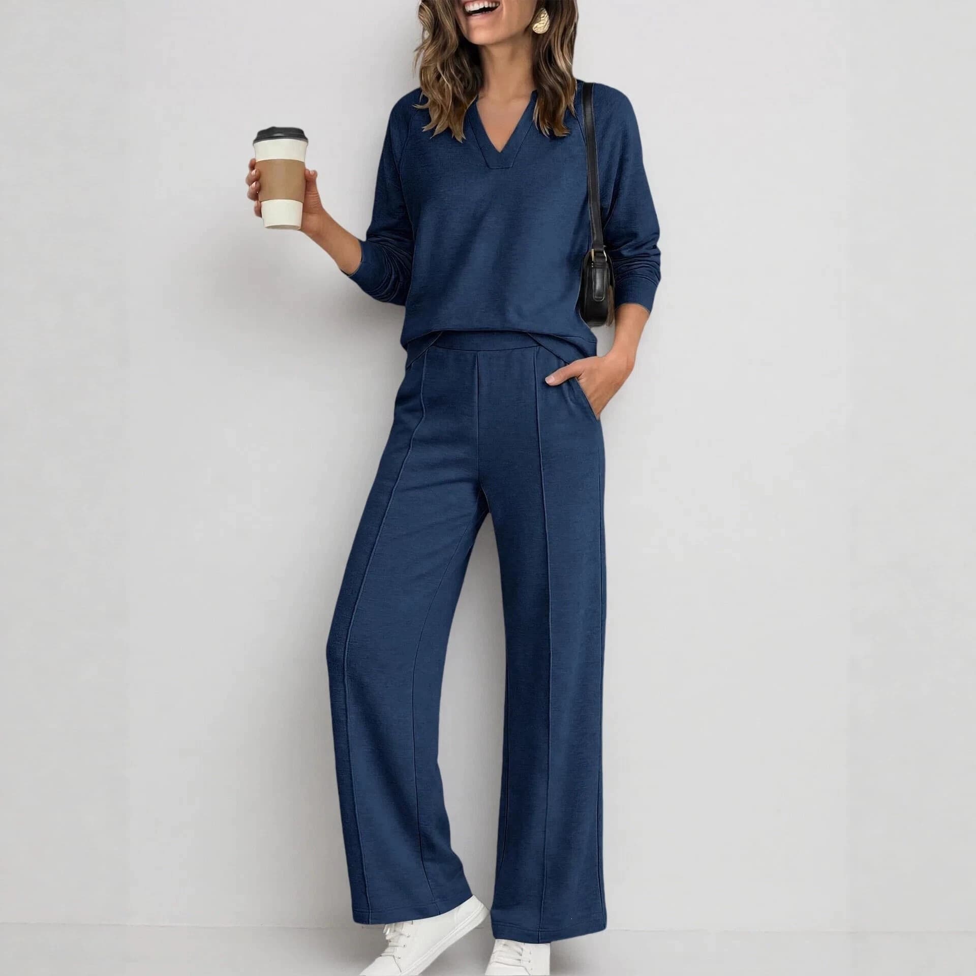 Women's Fashion Sportswear Solid Color V Neck Long Sleeve Sweatshirt And Casual Trousers Set — Navy blue-L