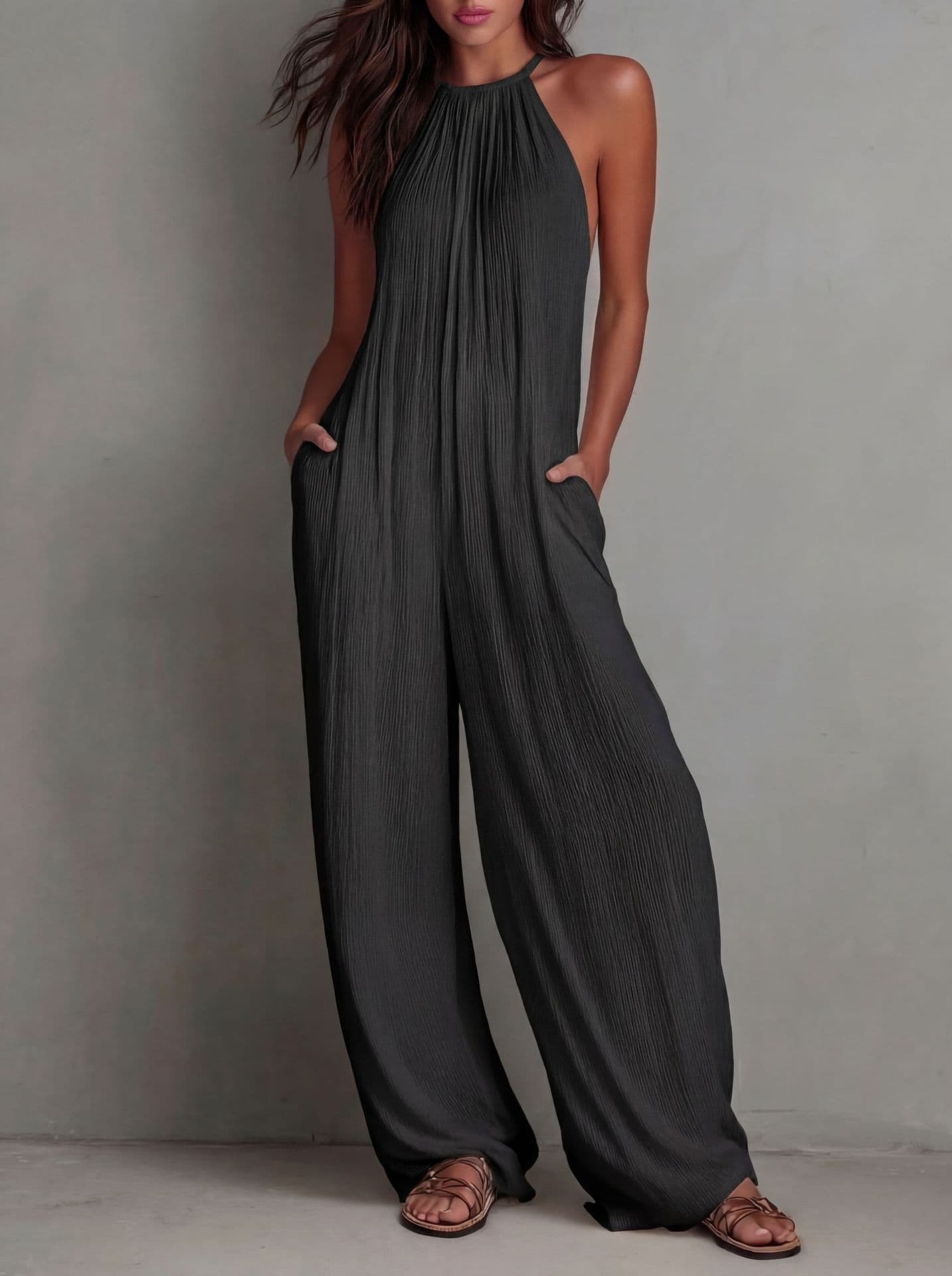 Cross-Border Foreign Trade Women's Clothing European And American Style Halter Neck Sleeveless Vacation Style White Pleated Backless Wide-Leg Jumpsuit — Black-S