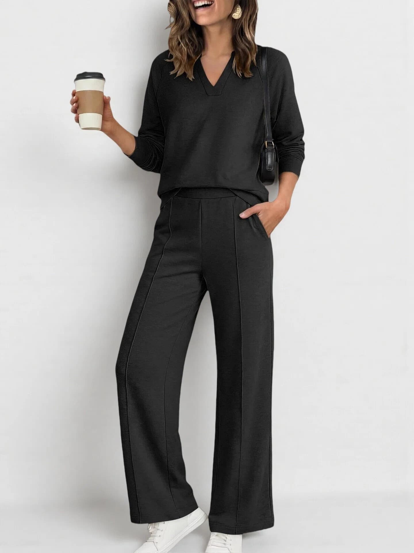 Women's Fashion Sportswear Solid Color V Neck Long Sleeve Sweatshirt And Casual Trousers Set