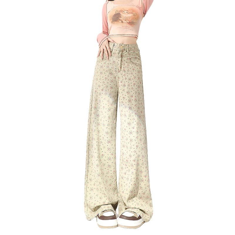 Mint Mambo Green Floral Jeans For Women — Khaki Green-L