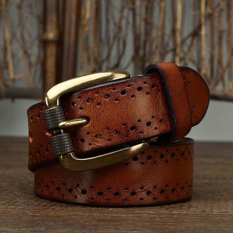 Handmade Retro Chino-style Belt With A Top-layer Cowhide Hollowed-out Design And A Casual Zinc-alloy Buckle For Denim