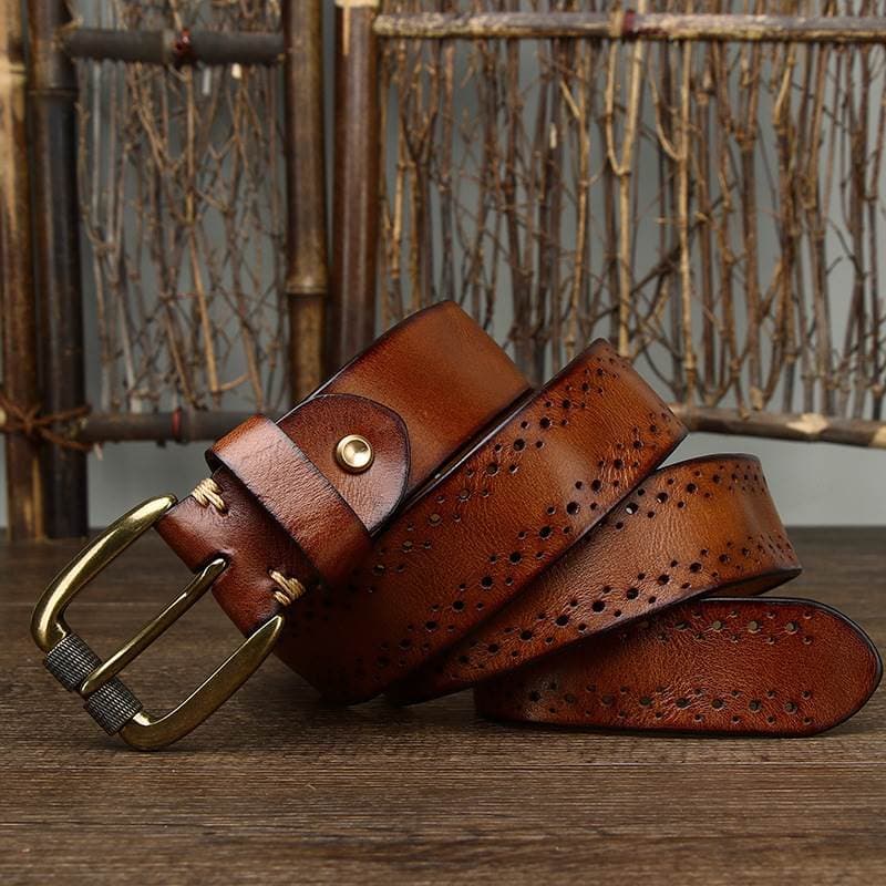 Handmade Retro Chino-style Belt With A Top-layer Cowhide Hollowed-out Design And A Casual Zinc-alloy Buckle For Denim — Khaki-100CM
