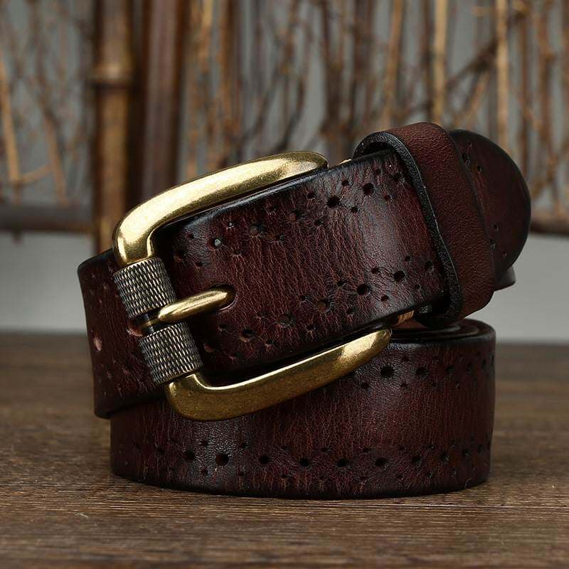 Handmade Retro Chino-style Belt With A Top-layer Cowhide Hollowed-out Design And A Casual Zinc-alloy Buckle For Denim